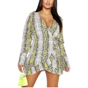 BOOHOO Plus Ruffle Wrap Snake Print Dress Yellow & Grey Sz 14